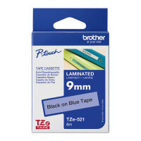 Brother TZe-521 Schriftband 9mm x 8m, schwarz auf blau, selbstklebend