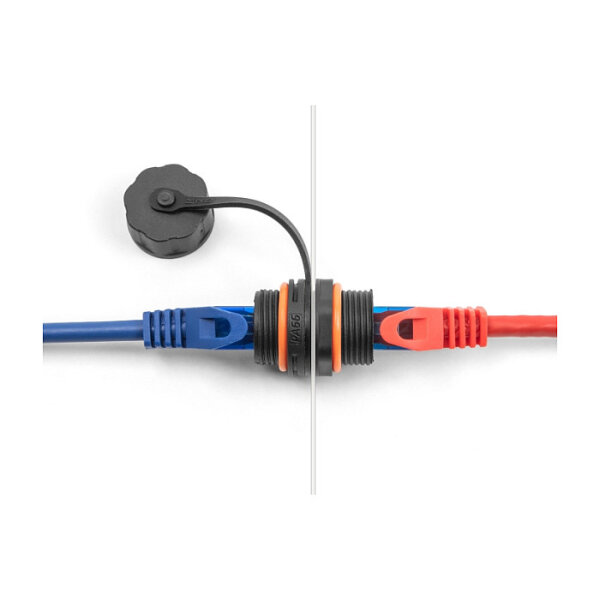 DeLock Kabelverbinder RJ45 Buchse zu RJ45 Buchse Cat.6A mit M20 Gewinde und Verschlusskappe IP68 staub- und wasserdicht
