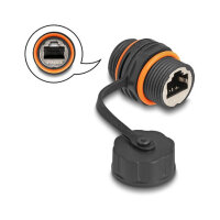 DeLock Kabelverbinder RJ45 Buchse zu RJ45 Buchse Cat.6A mit M20 Gewinde und Verschlusskappe IP68 staub- und wasserdicht