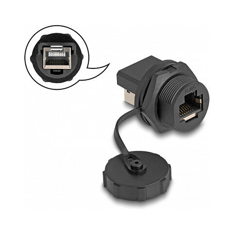 DeLock RJ45 Cat.6A Kupplung mit Verschlusskappe zum Einbau IP67 staub- und wasserdicht