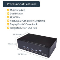 STARTECH.COM 4 Port Dual DisplayPort KVM Switch - DisplayPort 1.2 KVM - 4K 60Hz - DisplayPort Switch - USB KVM Switch