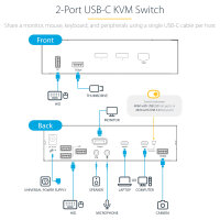 STARTECH.COM 2 Port USB C KVM Switch KVM Umschalter mit 4K 60Hz DisplayPort Thunderbolt 3/4 und USB C DP Alt Mode Audio USB A Hub