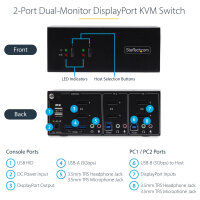 STARTECH.COM 2-Port KVM Switch Dual Monitor DisplayPort 4K 60Hz 2x USB 3.0 2x USB 2.0 Hotkey/Drucktasten KVM Umschalter 2 PC 2monito