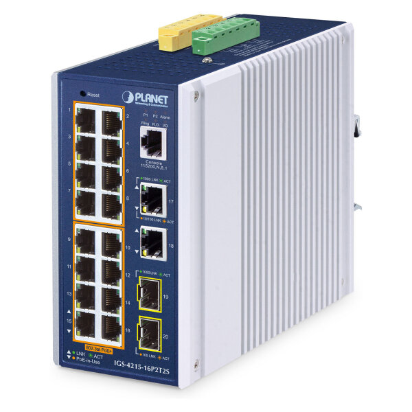 PLANET Industrial 16-Port PoE+ Managed Switch IGS-4215-16P2T