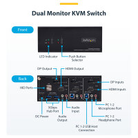 STARTECH.COM 2-Port Dual-Monitor KVM Switch DisplayPort und HDMI 4K 60Hz 5Gbps USB-Hub 2x USB-HID Hybrid KVM/Umschalter