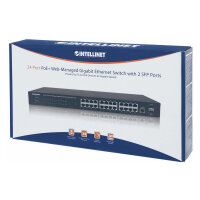 INTELLINET 24-Port PoE Gigabit Switch Web-Managed 2 GBIC SFP Ports Ausgangsleistung bis zu 30 Watt pro Port PoE+ IEEE 802.3at/af