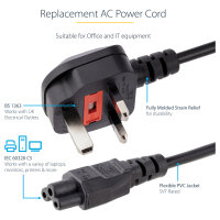 StarTech 1m Laptop Power Cord - 3 Slot for UK - BS-1363 to C5 Clover Leaf Power Cable Lead