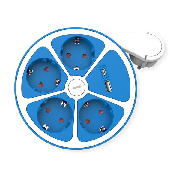 ROLINE 4-fach Steckdosenleiste mit Schalter, rund, USB-Charger A+C, blau, 3 m