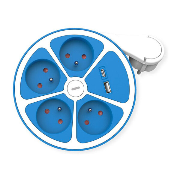 ROLINE 4-fach Steckdosenleiste mit Schalter, rund, UTE Version, USB-Charger A+C, blau, 1,5 m