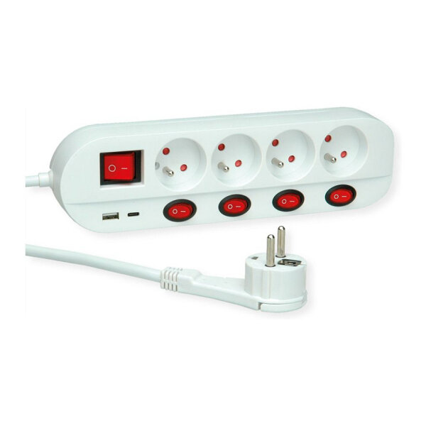 ROLINE 4-fach Steckdosenleiste mit Schalter, UTE Version, USB-Charger A+C, 1,5 m