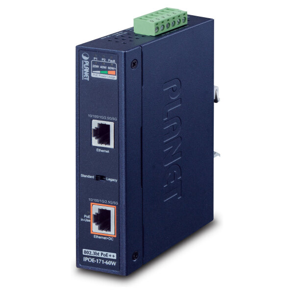 Planet IPOE-171-60W IP30 Industrial Single-Port Multi-Gb 802.3bt PoE++ Injector