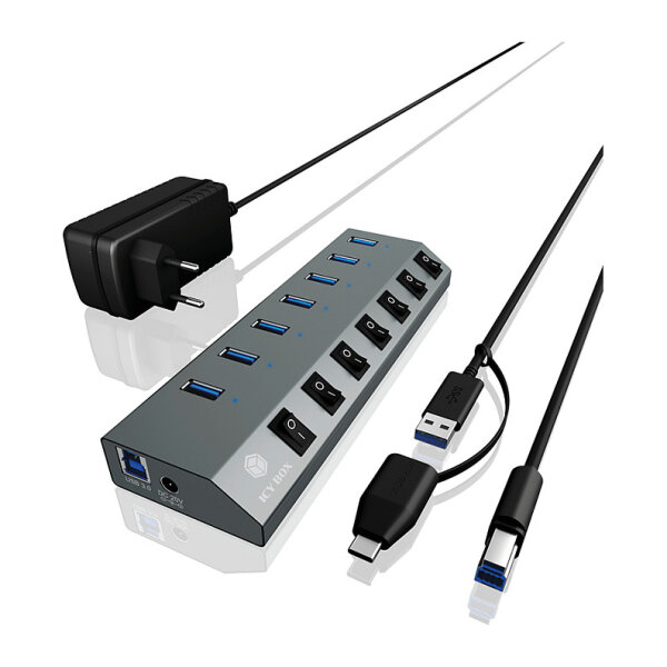 USB3.0 HUB 7Port ICY BOX 7xUSB3.0 (An-/Ausschalter für jeden Port) aktiv mit Netzteil Grey