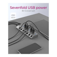 USB3.0 HUB 7Port ICY BOX 7xUSB3.0 (An-/Ausschalter für jeden Port) aktiv mit Netzteil Grey
