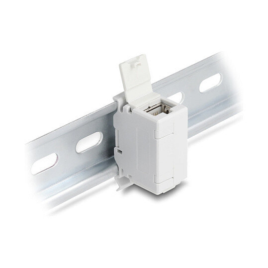 RJ45 Kupplung Cat.6A Buchse zu Buchse mit Staubschutzklappe für Hutschienen Montage grau