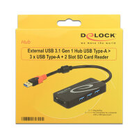 DELOCK Externer USB 3.1 Gen 1 Hub USB Typ-A > 3 x USB Typ-A + 2 Slot SD Card Reader