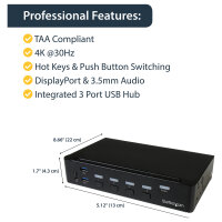 STARTECH.COM 4 Port DisplayPort KVM Switch - DP KVM Umschalter mit USB 3.0 Hub - 4K 30Hz