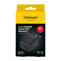 Intenso Power Adapter W65ACC Gan, Schwarz 65 Watt Netzteil, Zwei USB-C Anschlüsse und einem USB-A Anschluss