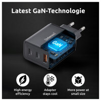 Intenso Power Adapter W65ACC Gan, Schwarz 65 Watt Netzteil, Zwei USB-C Anschlüsse und einem USB-A Anschluss