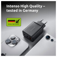 Intenso Power Adapter W65ACC Gan, Schwarz 65 Watt Netzteil, Zwei USB-C Anschlüsse und einem USB-A Anschluss
