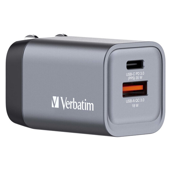 Verbatim GaN-Ladegert 35W, 1x USB-A , 1x USB-C (grau, PD 3.0, QC 3.0)