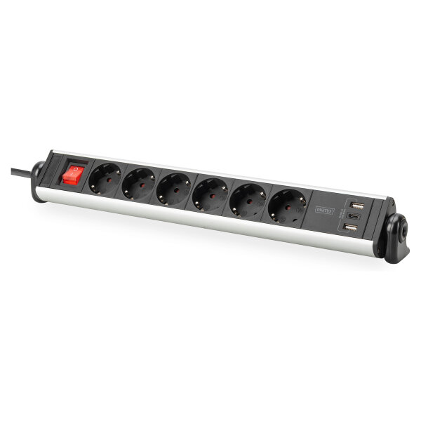 Digitus 6-Fach Steckdosenleiste mit 2xUSB-A  1xUSB-C und Schalter Schwarz/Silver