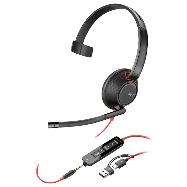 HP Poly Blackwire 5210 Monaural USB-C Headset +3.5mm Plug +USB-C/A Adapter (207577-201)