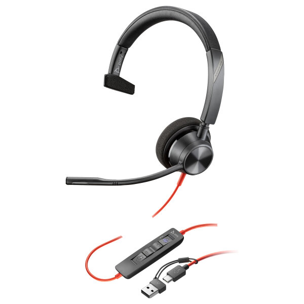 HP Poly Blackwire 3310 Monaural Microsoft Teams Certified USB-C Headset +USB-C/A Adapter (212703-01)