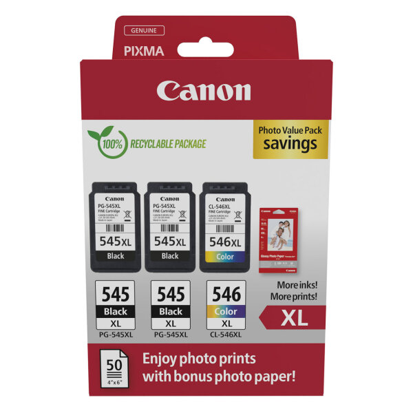 Canon Tinte PG-545XL/CL-546XL 8286B015 3er Multipack (2xBK/Color) inkl. Fotopapier
