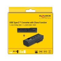 DELOCK USB Type-C Konverter fur 1 x M.2 NVMe SSD + 1 x SATA SSD / HDD mit Klon Funktion