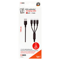 2GO 3in1 USB Ladekabel USB Type-C Nylon 1,5m schwarz