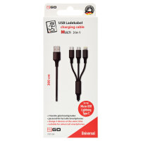 2GO 3in1 USB Ladekabel Micro-USB,Lightn.,USB-C Nylon 3m sw