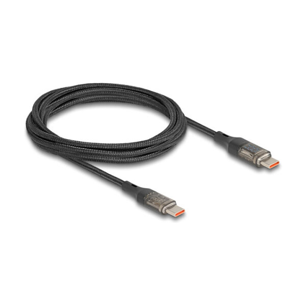 DELOCK USB 2.0 Daten- und Schnellladekabel USB Type-C Stecker zu Stecker PD 3.0 100 W mit Leistungsanzeige transparent 2m