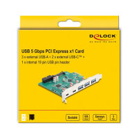 DELOCK USB 5 Gbps PCI Express x1 Karte zu 3 x extern Typ-A + 2 x extern USB Type-C Buchse und 1 x intern 19 Pin USB Pfostenstecker