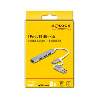 DELOCK 4 Port Slim USB Hub mit USB Type-C oder USB Typ-A zu 3 x USB 2.0 Typ-A Buchse + 1 x USB 5 Gbps Typ-A Buchse