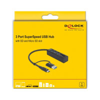 DELOCK 3 Port USB 3.2 Gen 1 Hub + SD und Micro SD Card...