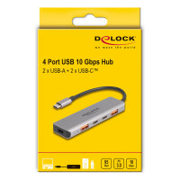 DELOCK USB 10 Gbps 2 Port USB Typ-A + 2 Port USB Type-C Hub mit USB Type-C Anschluss und PD 95 Watt