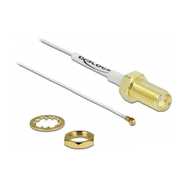 DELOCK Antennenkabel SMA Buchse zum Einbau zu MHF 4 Stecker 0.81 20cm Gewindelnge 10mm weiss
