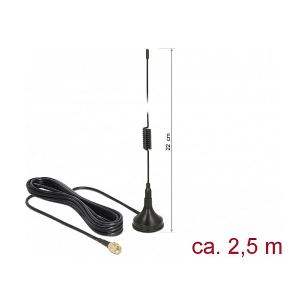DELOCK GSM / UMTS / LTE Antenne SMA Stecker 2 dBi starr omnidirektional mit Anschlusskabel RG-174 2.5m outdoor schwarz