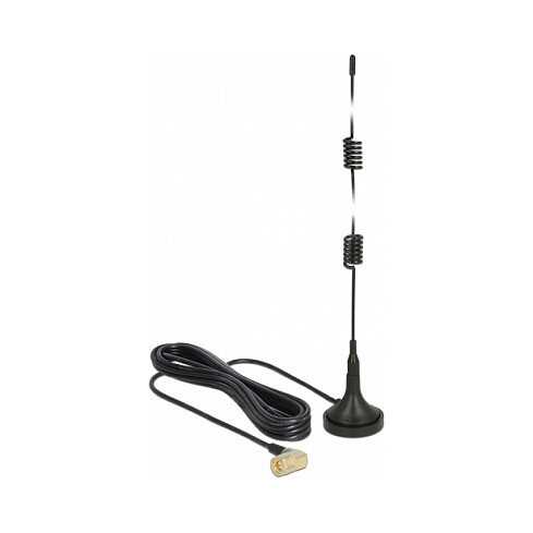 DELOCK LTE Antenne SMA Stecker 90 2.5 dBi starr omnidirektional mit magnetischem Standfuss und Anschlusskabel RG-174 2.5m schwarz