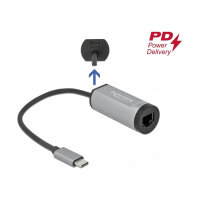 Adapter USB-C > Gigabit Lan RJ45 (ST-BU) Power Delivery bis zu 1000Mbps Kabellänge 15cm DeLOCK Black Grey