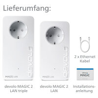 devolo Magic 2 LAN triple Powerline Starter Kit Powerline bis zu 2.400 Mbit/s, 3x Gigabit LAN (pro Einheit)