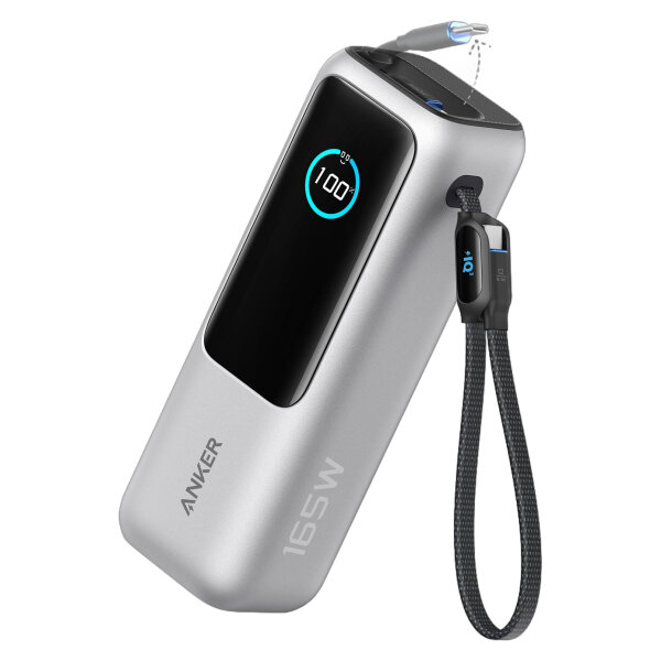 ANKER PowerBank 25.000mAh 165W 3x 100W USB-C 1x USB-A Smart Display zwei integrierte Ladekabel silber