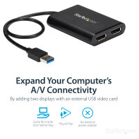 Adapter USB3.0 (ST) > 2x DisplayPort (BU) 4K 60Hz 30cm StarTech.com Black