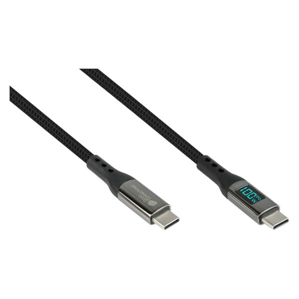 GoodConnections USB-C 2.0 (ST-ST) 1m Anschlusskabel mit Digitalanzeige Textilmantel 100W Schwarz