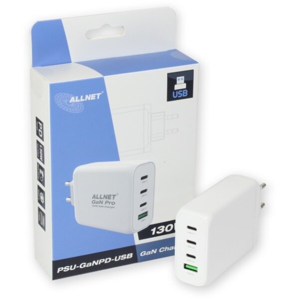Z ALLNET Ersatznetzteil QC USB-C PD GaN Netzteil Power Supply 130 Watt 1x USB Typ-A QC 3x USB Typ-C**EU PLUG**