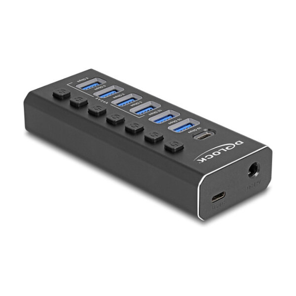 DELOCK 7 Port USB Hub mit 4 Ports 10 Gbps und 4 Schnellladeports 5 Gbps mit Schalter und Beleuchtung