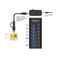 DELOCK 7 Port USB Hub mit 4 Ports 10 Gbps und 4 Schnellladeports 5 Gbps mit Schalter und Beleuchtung
