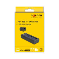 DELOCK 7 Port USB Hub mit 4 Ports 10 Gbps und 4 Schnellladeports 5 Gbps mit Schalter und Beleuchtung