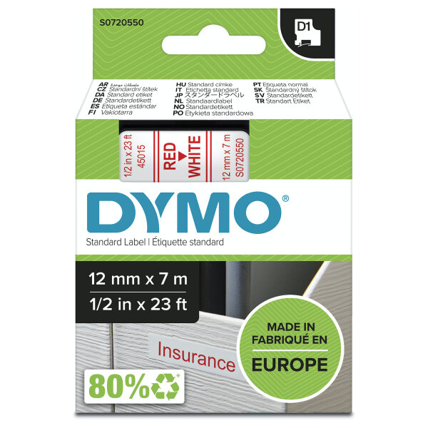 Dymo LabelWriter - D1 Etiketten selbstklebend - 12 mm x 7 m - Rot auf Weiß - (S0720550)