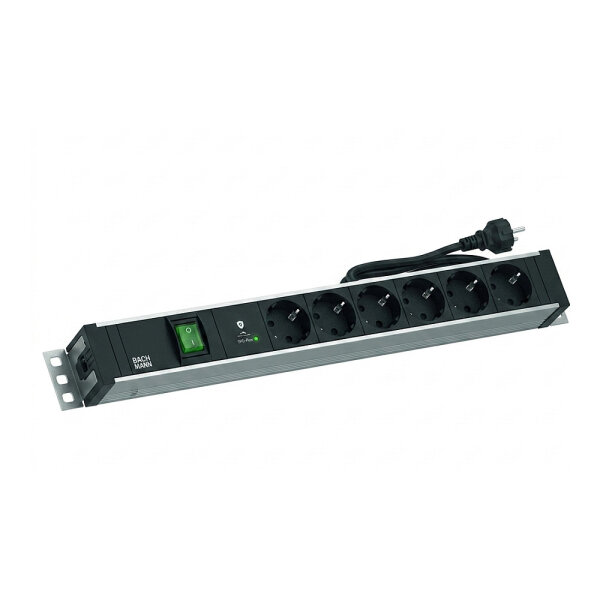 BACHMANN 48,26cm 19Zoll 1,5HE 6xCEE7/3 1xSchalter 1xSPD-Plus 2,0m CEE7/7